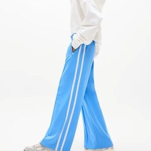 Athleta Sky Blue Wide-Leg Track Pants with White Side Stripes